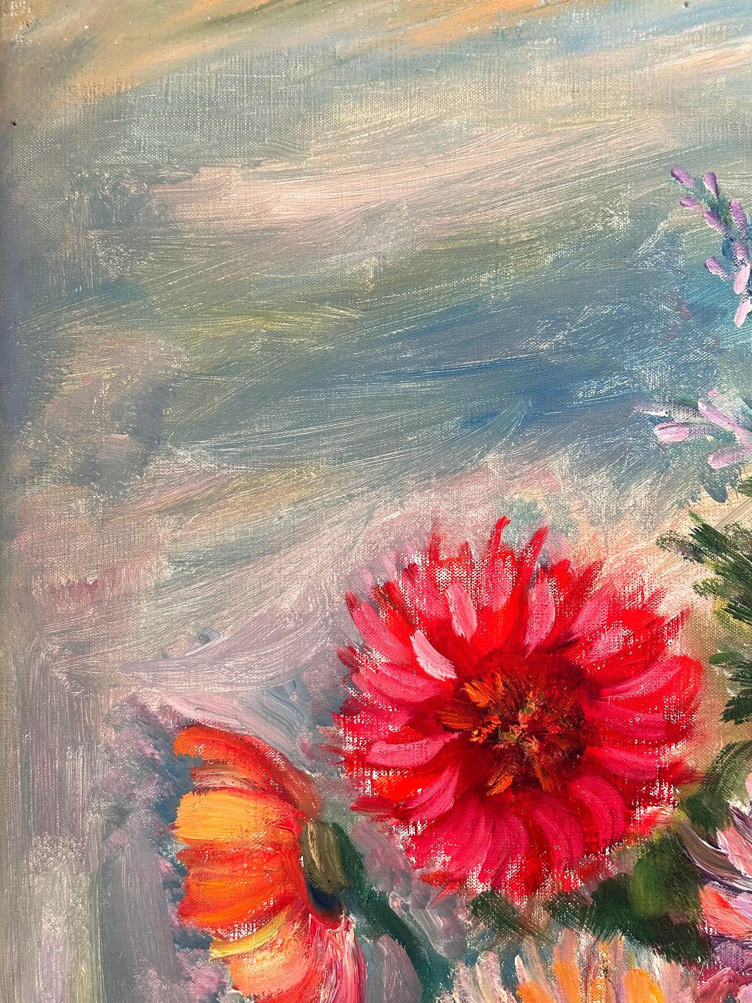 „Blumenvase mit Glasvase“, Postimpressionismus-Stillleben, Ölgemälde (Braun), Still-Life Painting, von Jacques Zucker