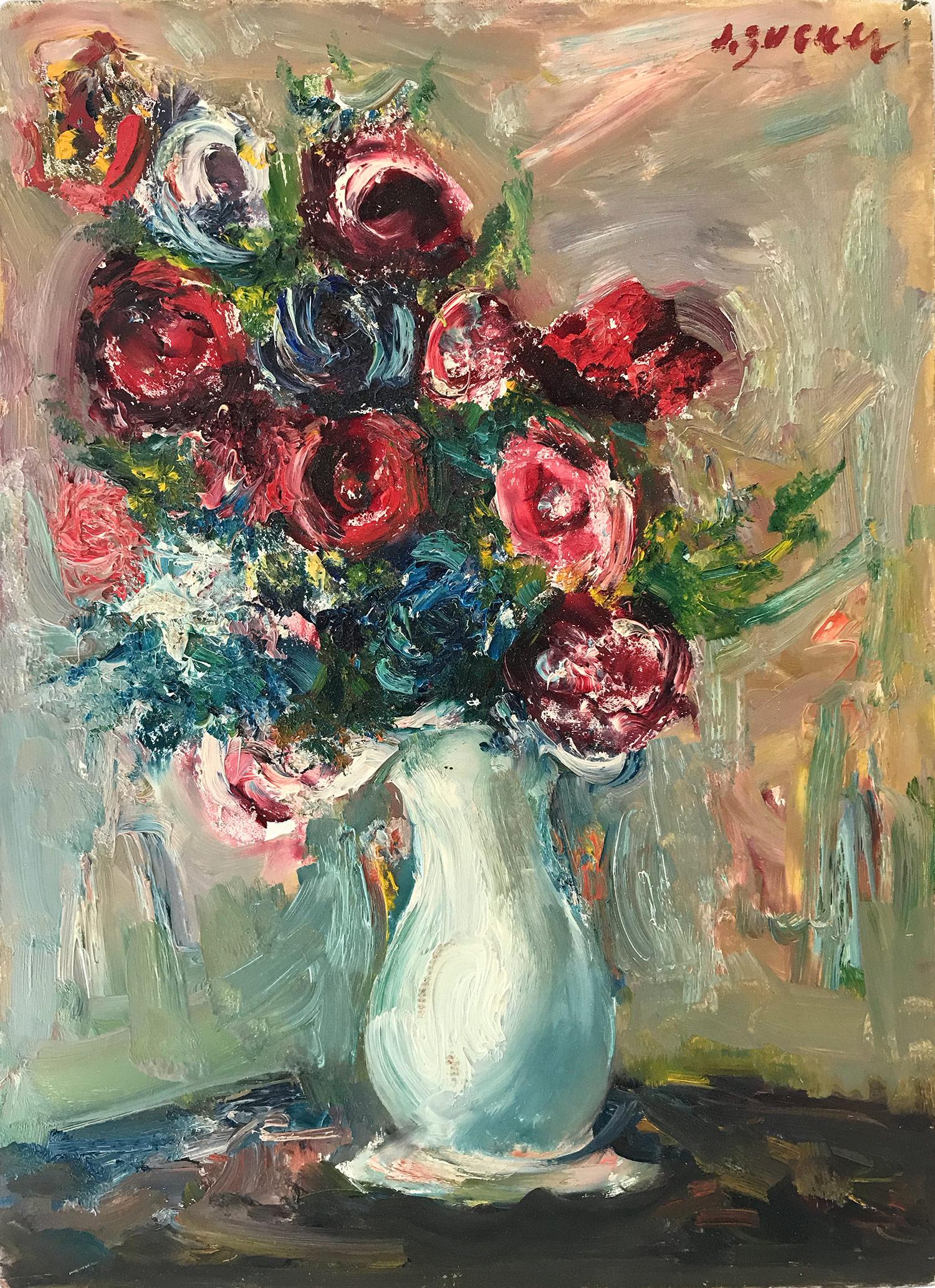 Still-Life Painting Jacques Zucker - "Nature morte aux fleurs" Peinture à l'huile post-impressionniste de fleurs colorées