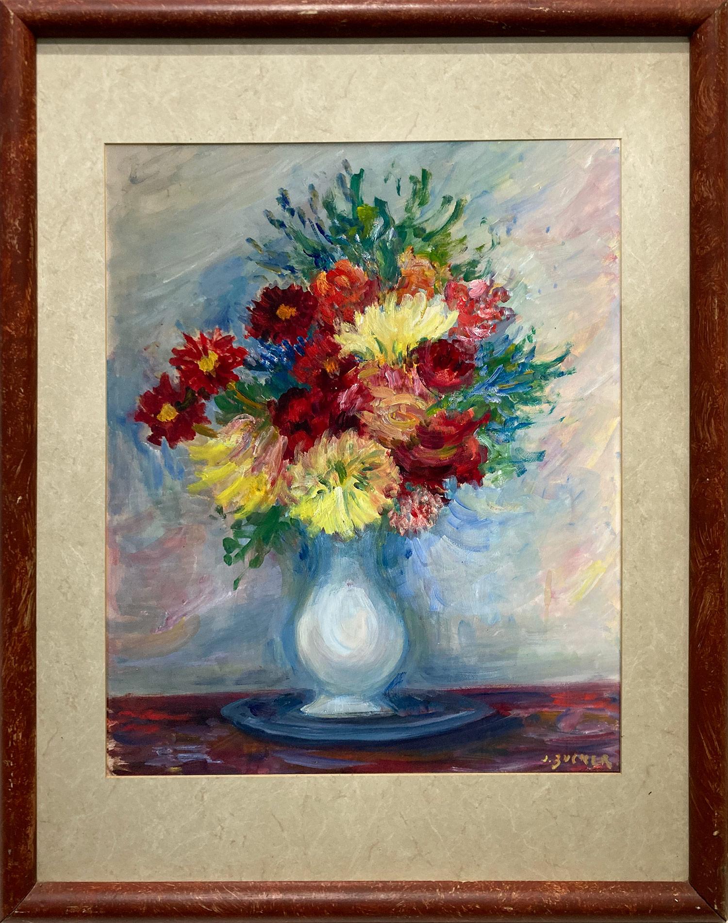 "Flores en jarrón blanco" Pintura al óleo sobre papel postimpresionista de interiores Enmarcada