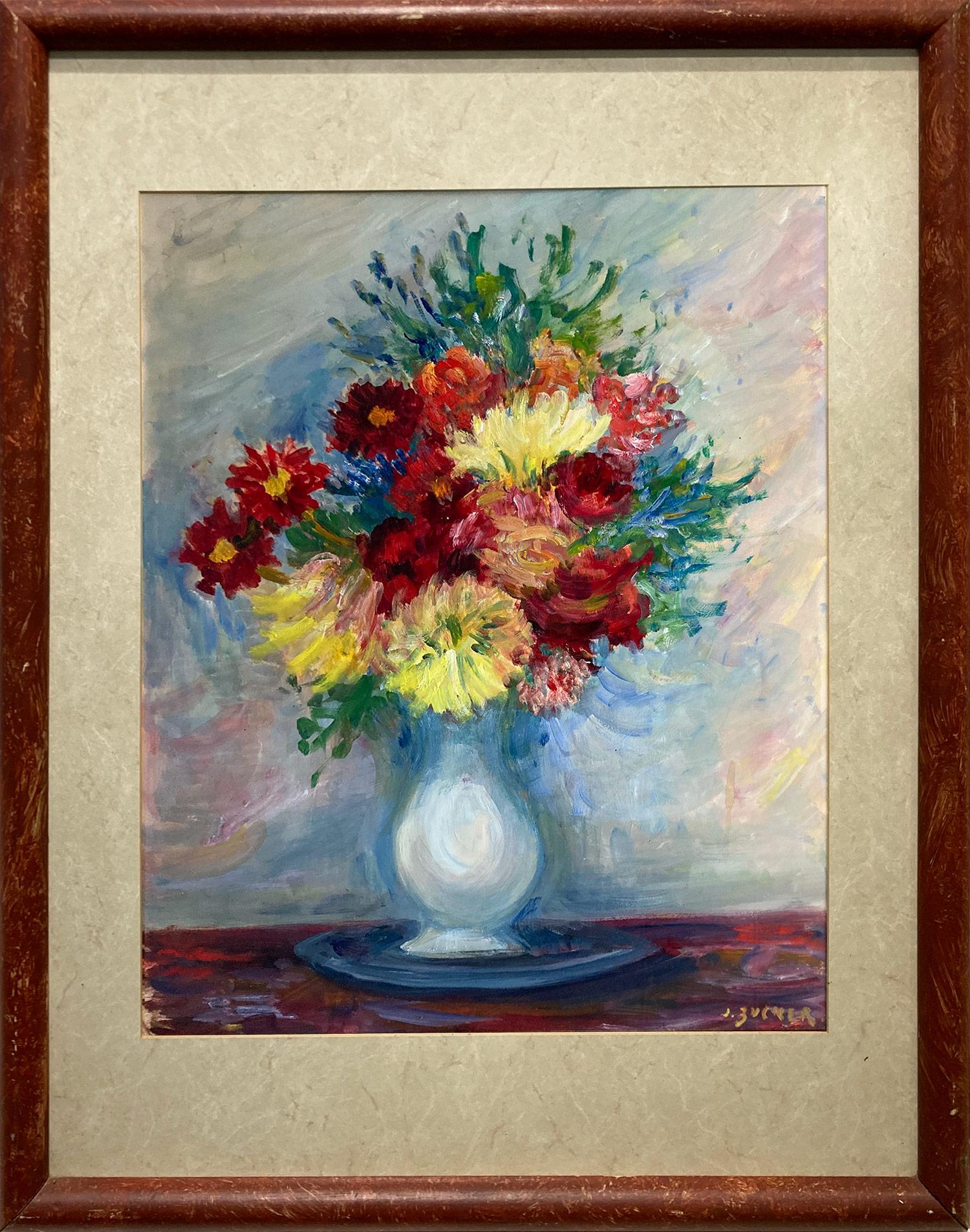 Jacques Zucker Still-Life Painting - "Flowers in White Vase" Post-Impressionist Interior Oil Painting on Paper Framed