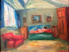 "Scena d'interno francese con nudo" Parigi Pittura ad olio post-impressionista incorniciata