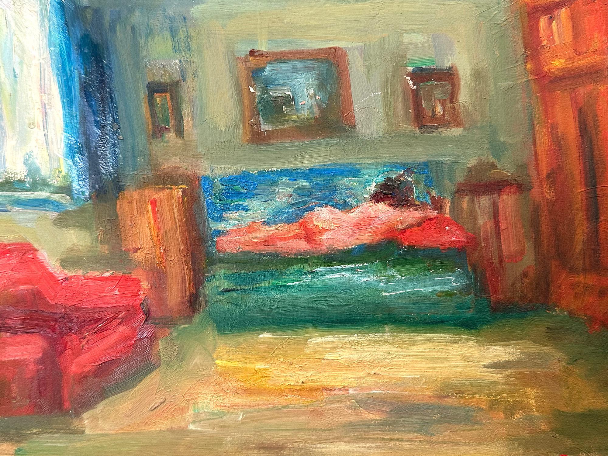 An intimate interior scene of a nude laying on the couch during the day. We are charmed by the rich choice of color and intimate details throughout this miniature work. This painting depicts a nude in a relaxed position with the furniture of the