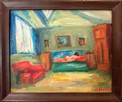 "French Interior Scene with Nude " Paris Post-Impressionist Oil Painting Framed