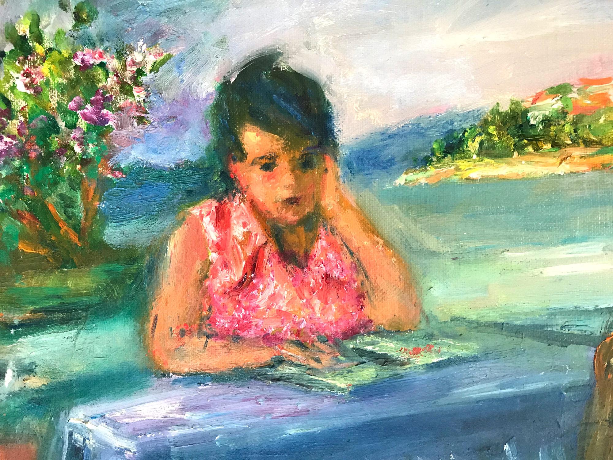 A charming painting that depicts a whimsical figure of a young girl reading at sea shore with dark hair an in the background the sea and the village houses. The bright colors and quick brush strokes are what make this painting so attractive and
