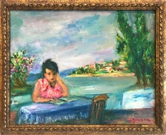 "Girl Reading at Sea Shore" Post-Impressionism Figurative Oil Painting on Canvas