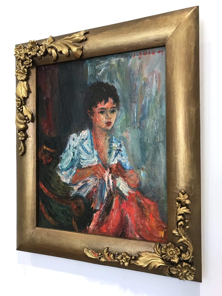 An outstanding oil painting depicting a portrait of a seated girl sewing. The subtle tones and bright pops of colors are what makes this piece so attractive and desirable. Done in a highly impressionistic manner with unique colors and expressions,