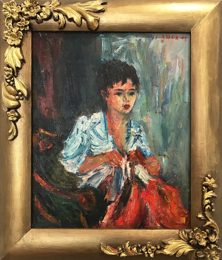Jacques Zucker Figurative Painting - "Girl Sewing" Impressionist Portrait of a Seated Girl Oil Painting on Canvas