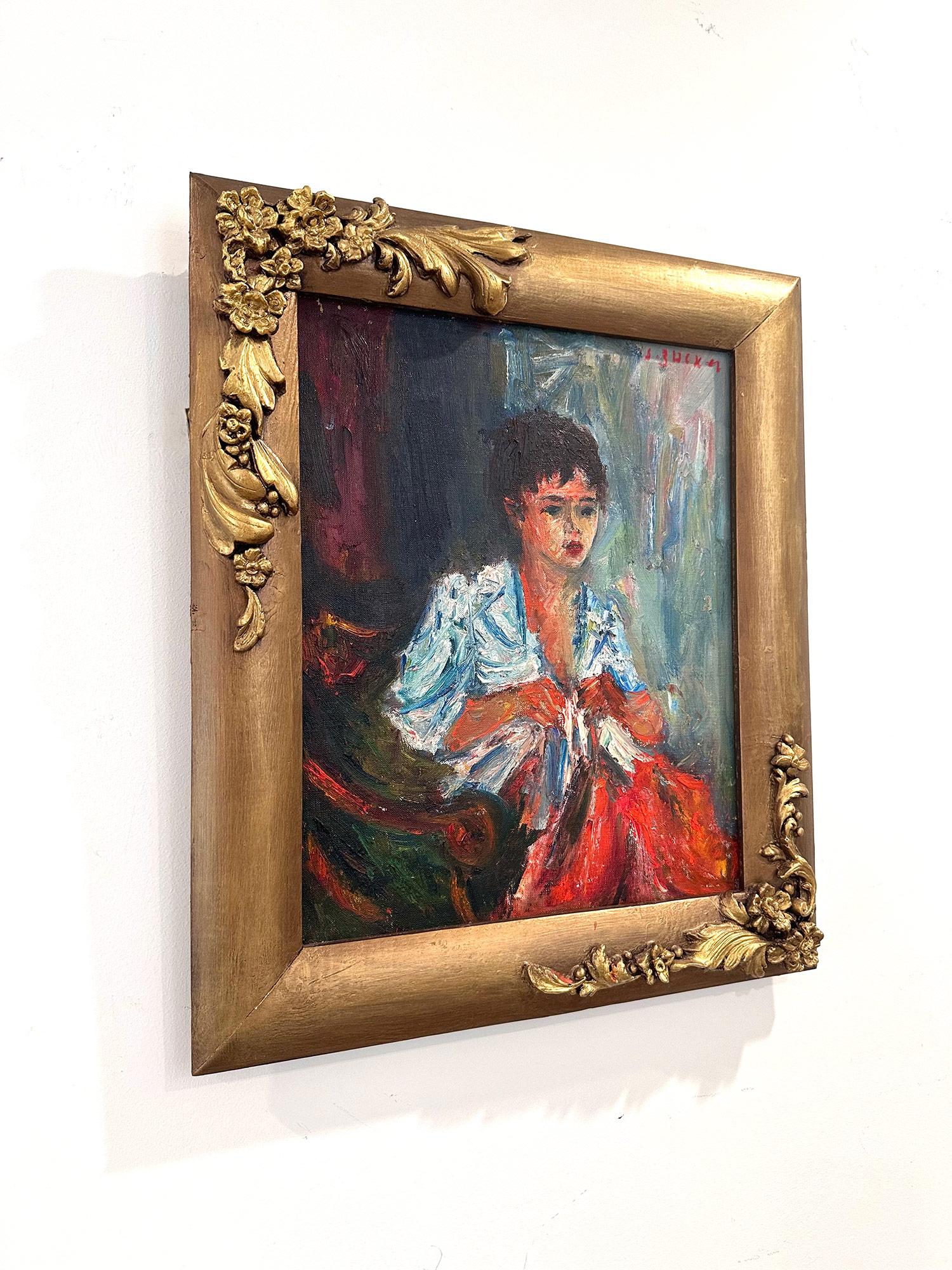 Postimpressionistisches Porträt eines sitzenden Mädchens, Ölgemälde auf Leinwand, „Mädchen nähen“ im Angebot 10