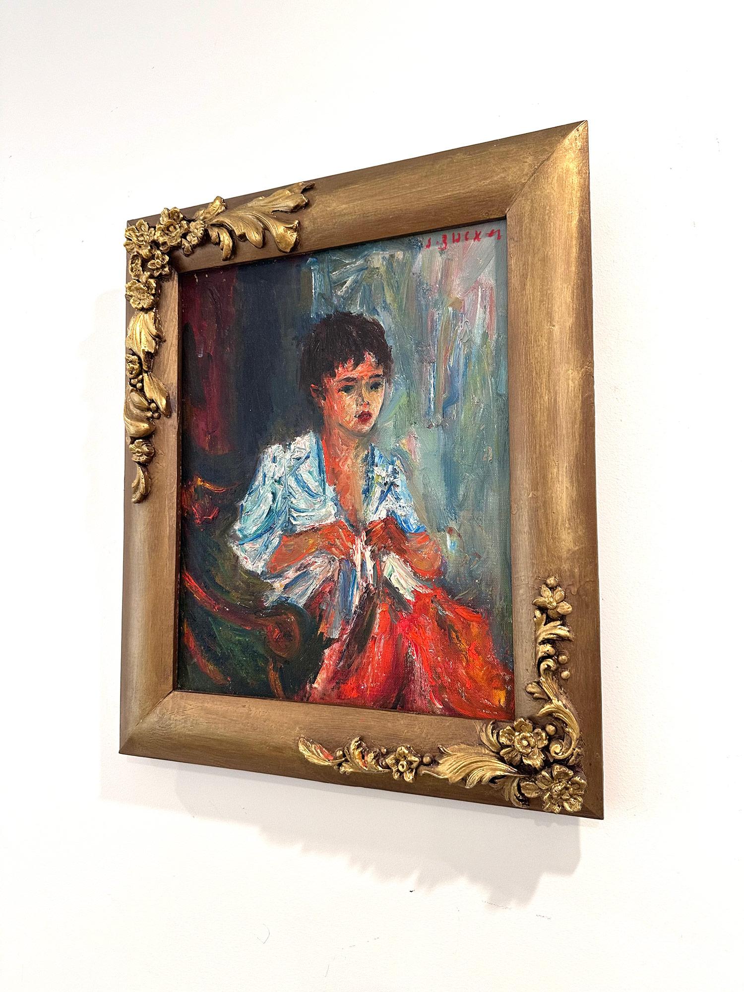 Postimpressionistisches Porträt eines sitzenden Mädchens, Ölgemälde auf Leinwand, „Mädchen nähen“ im Angebot 11