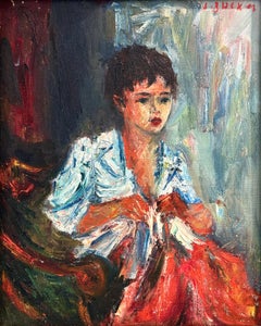 "Girl Sewing" Post-Impressionist Portrait of Seated Girl Oil Painting on Canvas