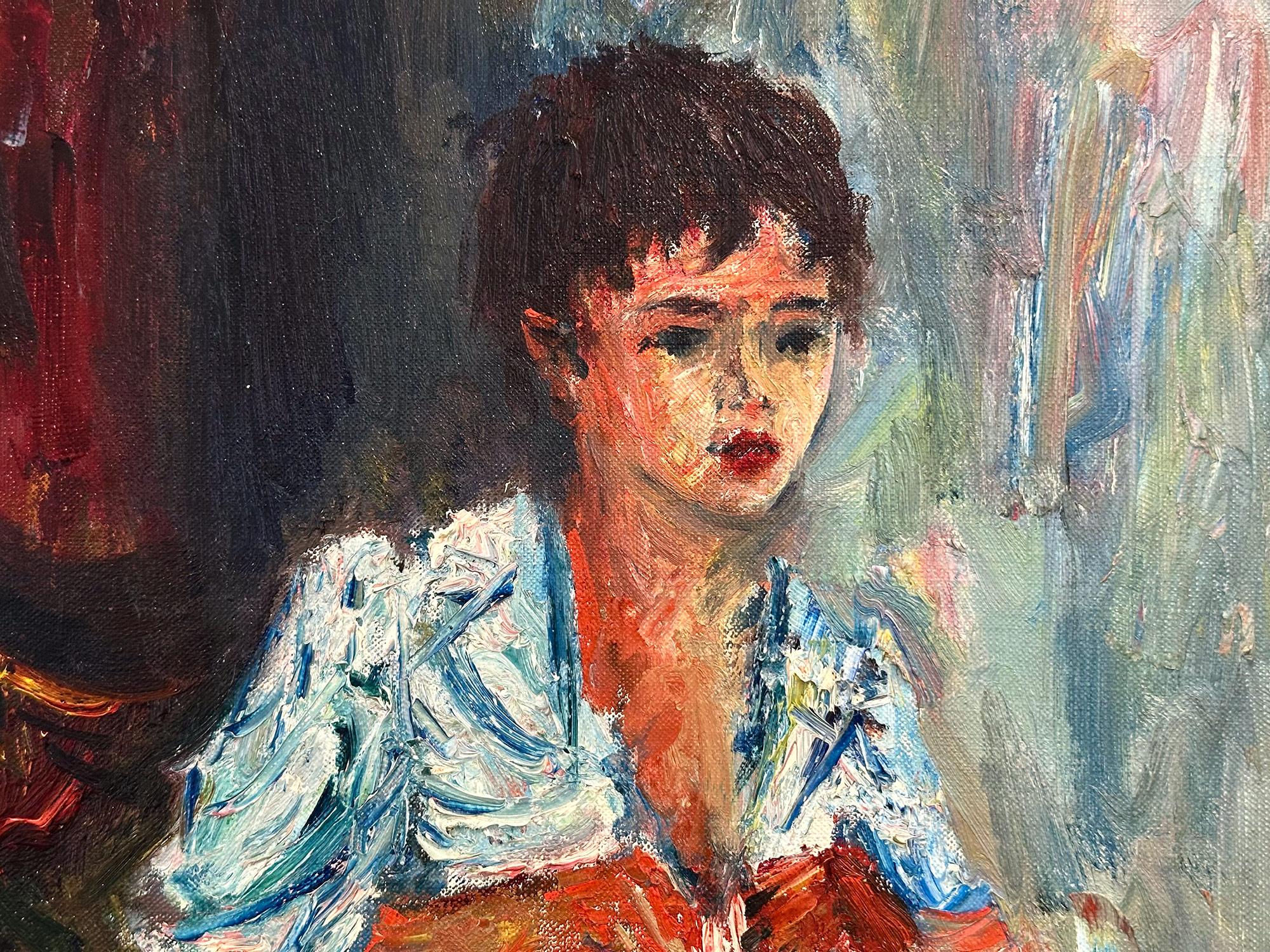 Postimpressionistisches Porträt eines sitzenden Mädchens, Ölgemälde auf Leinwand, „Mädchen nähen“ (Post-Impressionismus), Painting, von Jacques Zucker