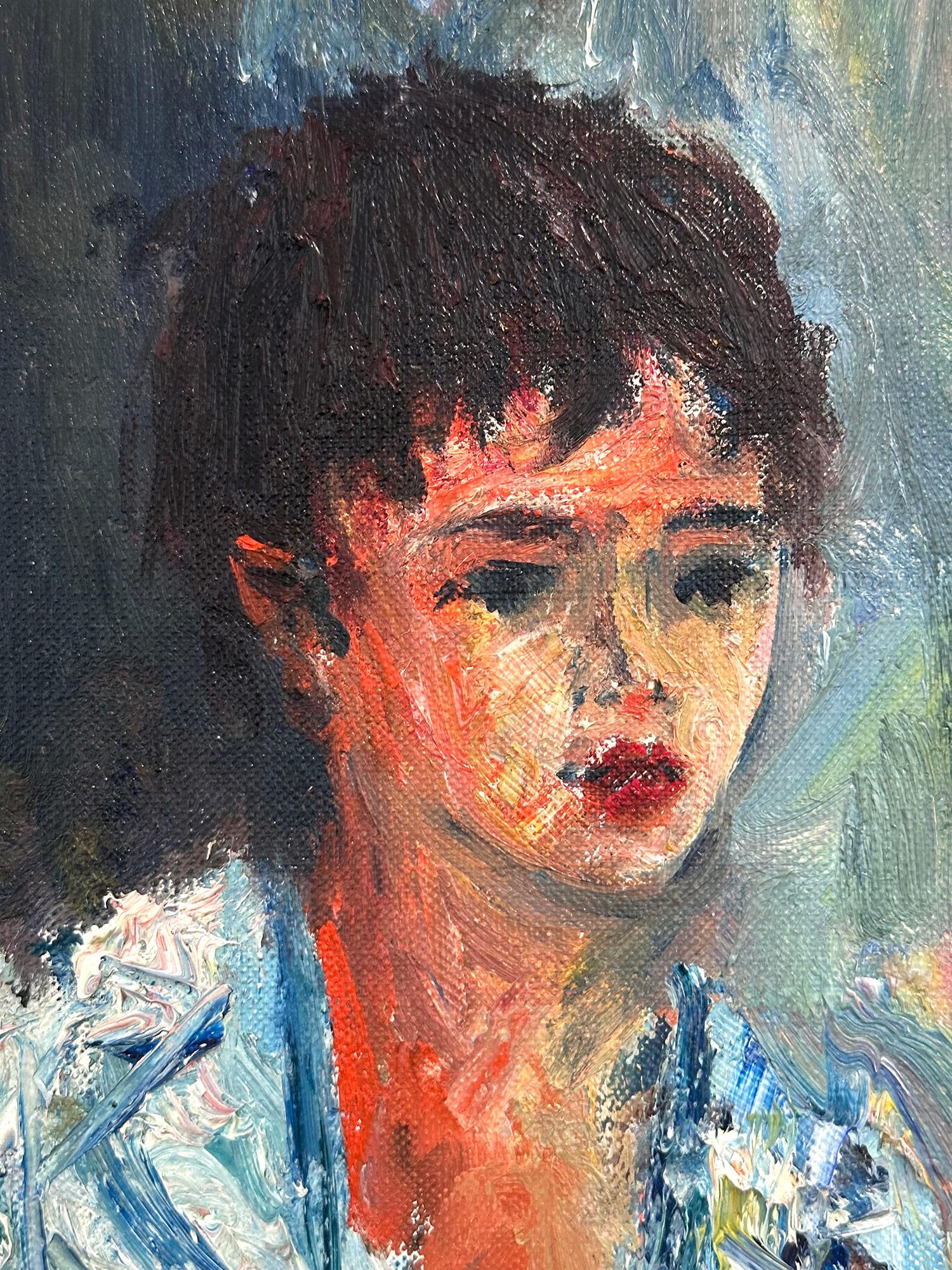 Postimpressionistisches Porträt eines sitzenden Mädchens, Ölgemälde auf Leinwand, „Mädchen nähen“ im Angebot 3