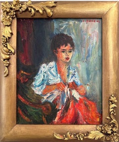 "Girl Sewing" Post-Impressionist Portrait of Seated Girl Oil Painting on Canvas