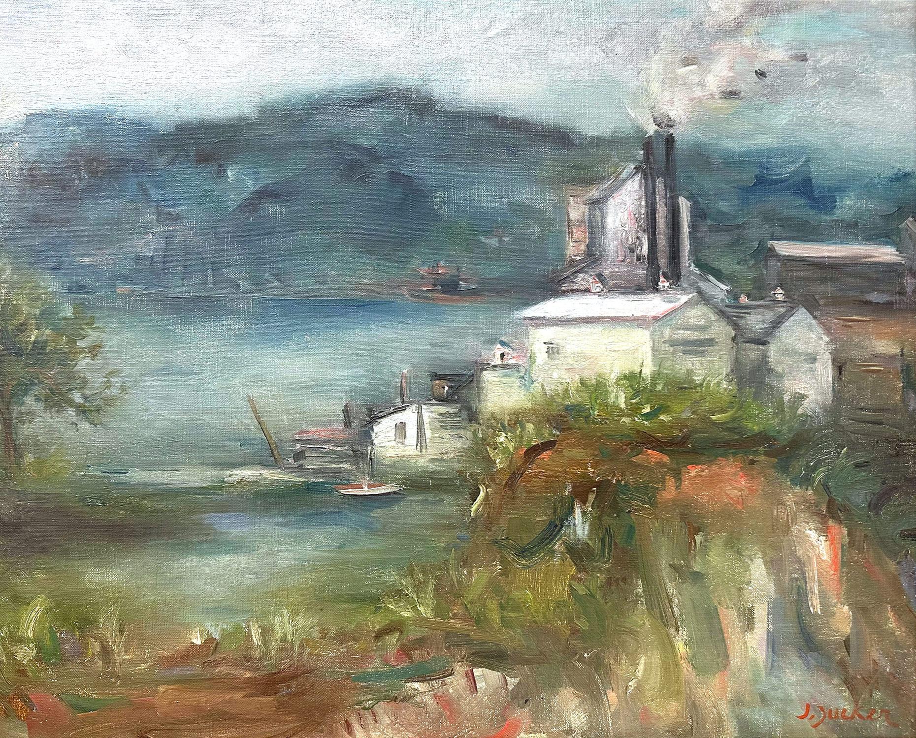 This painting depicts a whimsical landscape of an industrial town harbor with the village houses and buildings ashore, with a few boats docked and at the distance in the background, some tall mountains that framed the composition. The bright colors