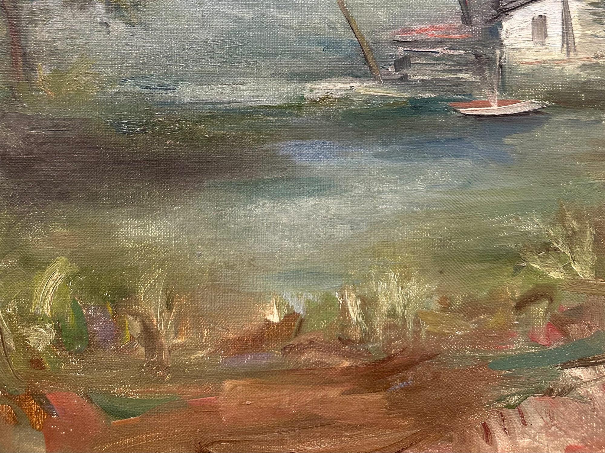 Este cuadro representa un caprichoso paisaje del puerto de una ciudad industrial con las casas y edificios del pueblo en tierra, con algunos barcos atracados y, al fondo, unas altas montañas que enmarcan la composición. Los colores vivos y las
