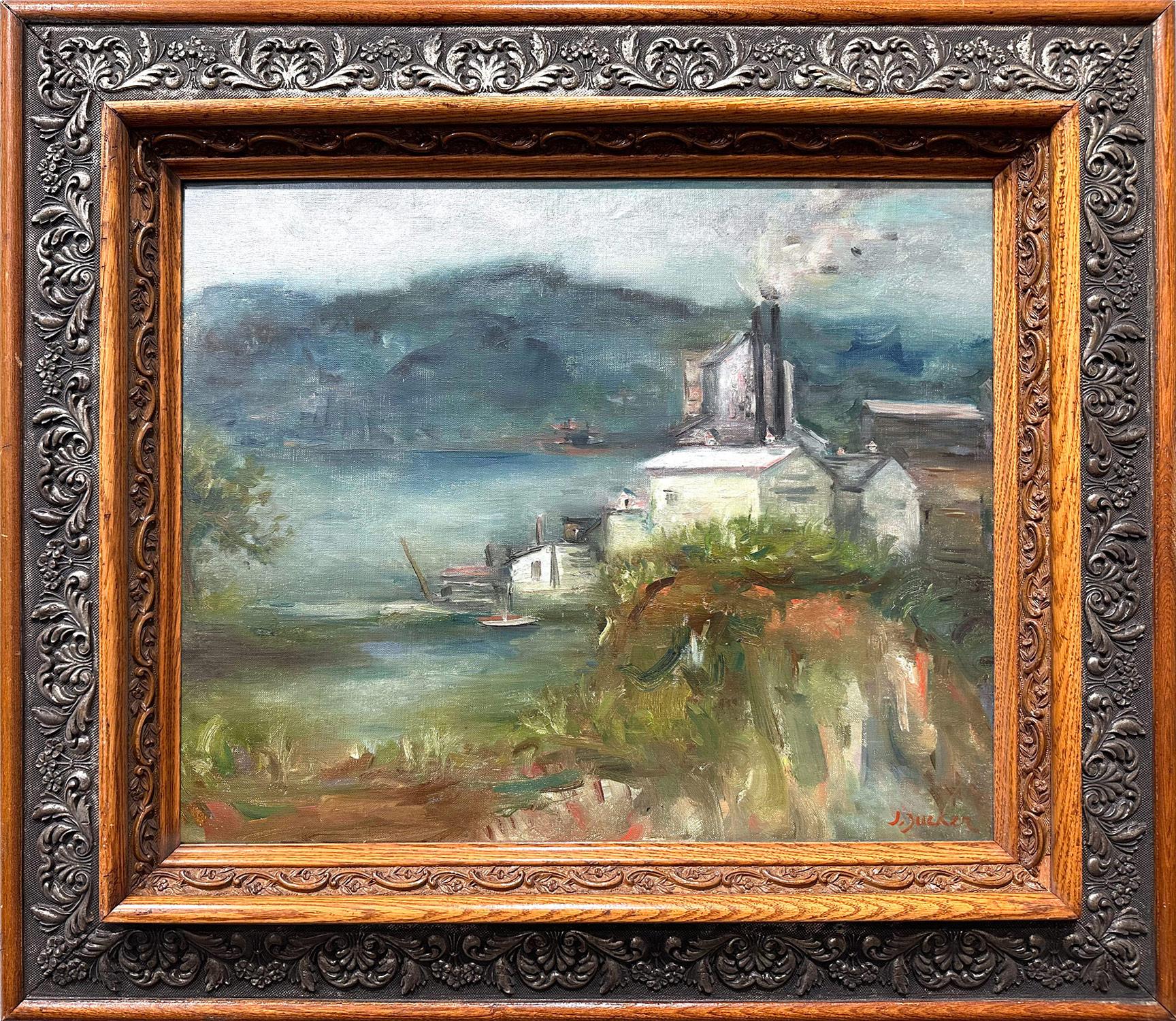 Jacques Zucker Landscape Painting - "Harbor View" Post-Impressionist Landscape Scene Oil Painting on Canvas Framed