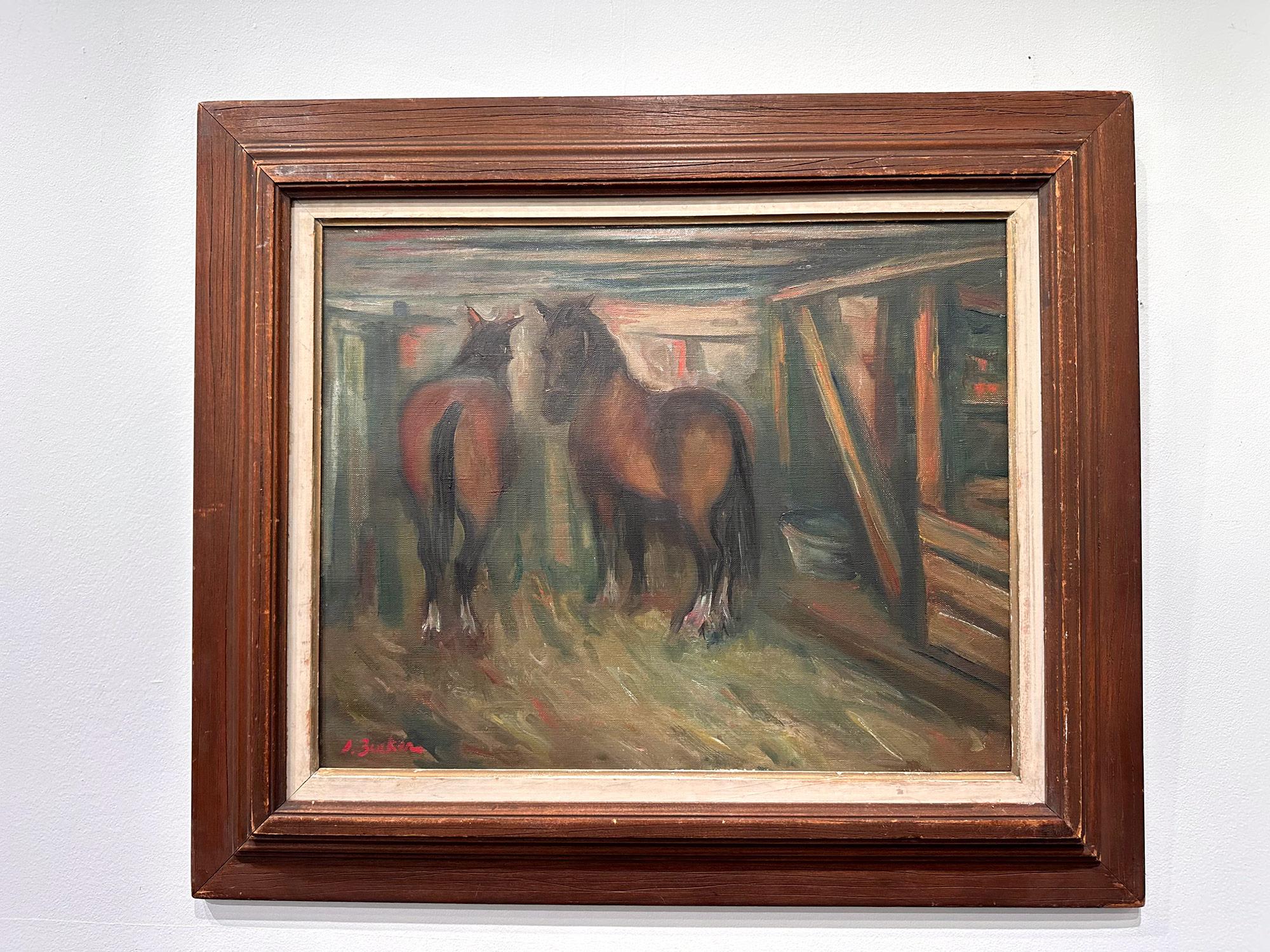 Postimpressionistisches Ölgemälde „Horse in Stable“ Pastoral Interior, Ölgemälde auf Leinwand im Angebot 10