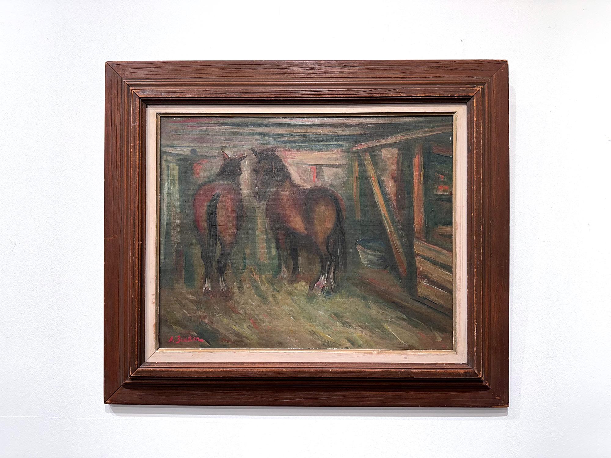 Postimpressionistisches Ölgemälde „Horse in Stable“ Pastoral Interior, Ölgemälde auf Leinwand im Angebot 11