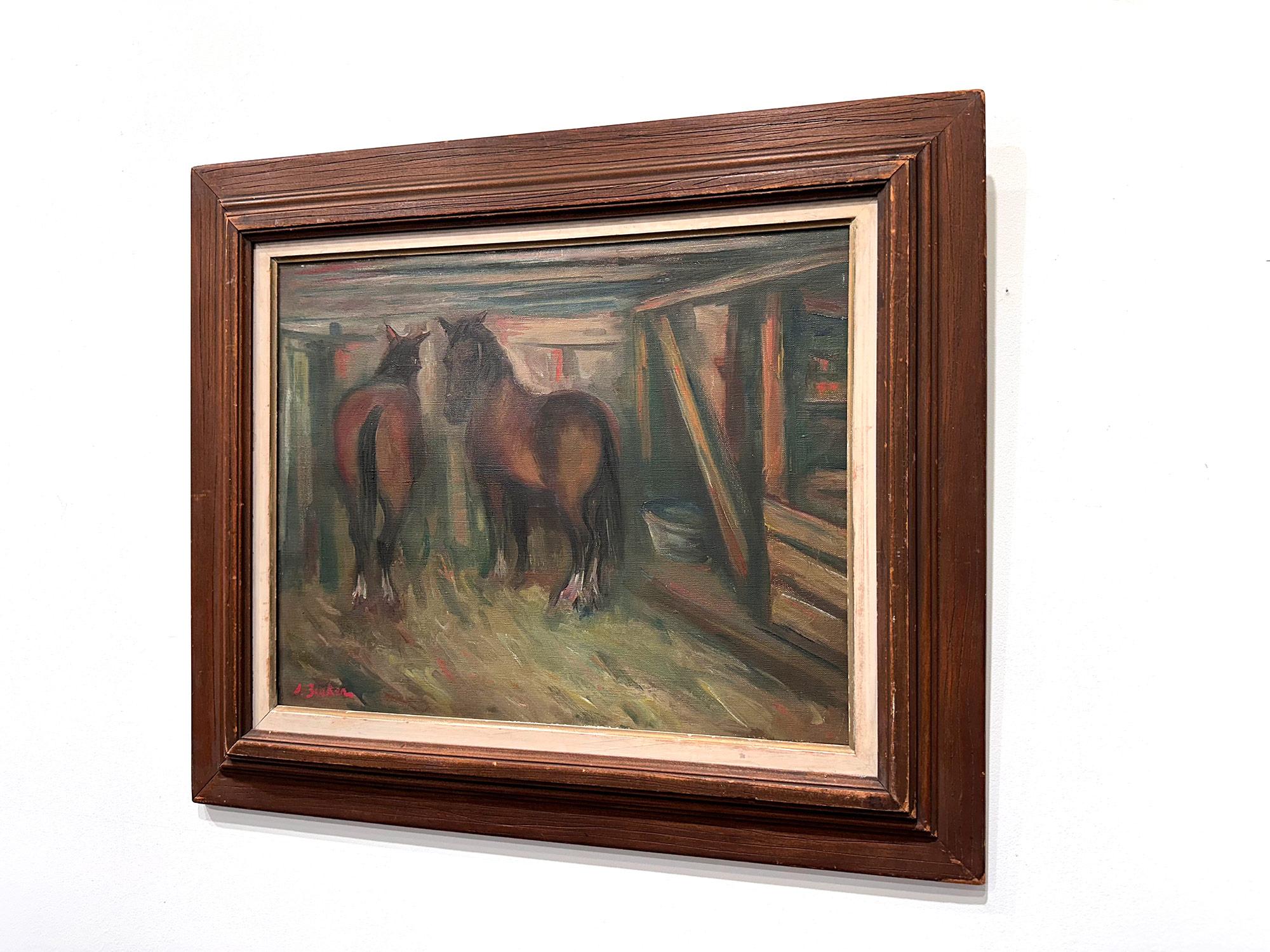 Postimpressionistisches Ölgemälde „Horse in Stable“ Pastoral Interior, Ölgemälde auf Leinwand im Angebot 12
