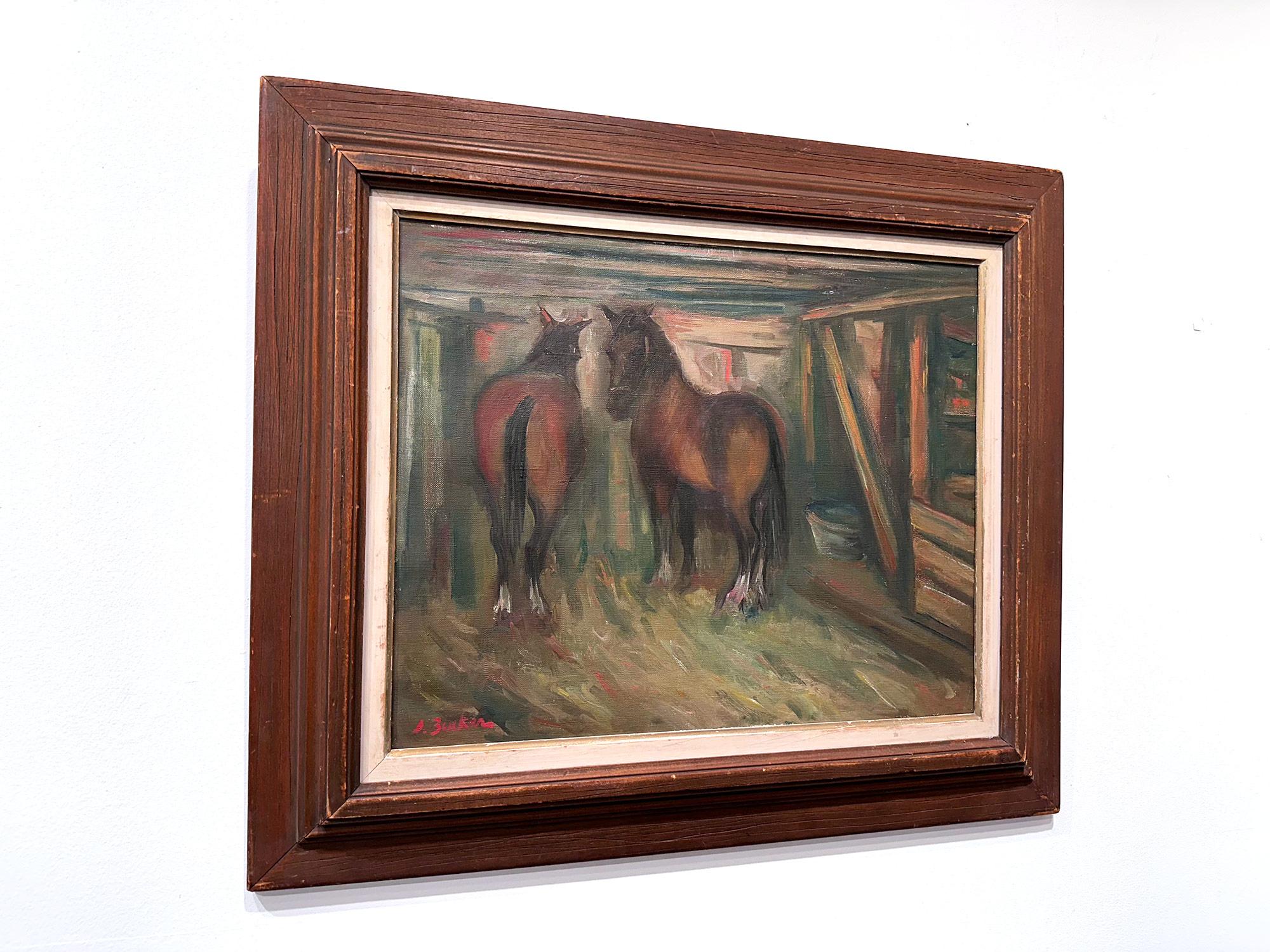 Postimpressionistisches Ölgemälde „Horse in Stable“ Pastoral Interior, Ölgemälde auf Leinwand im Angebot 13
