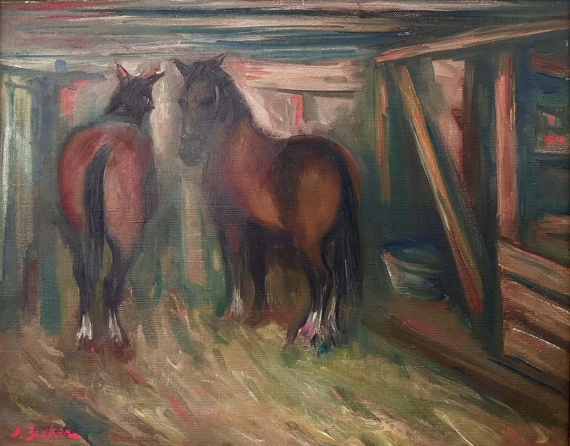 Postimpressionistisches Ölgemälde „Horse in Stable“ Pastoral Interior, Ölgemälde auf Leinwand – Painting von Jacques Zucker