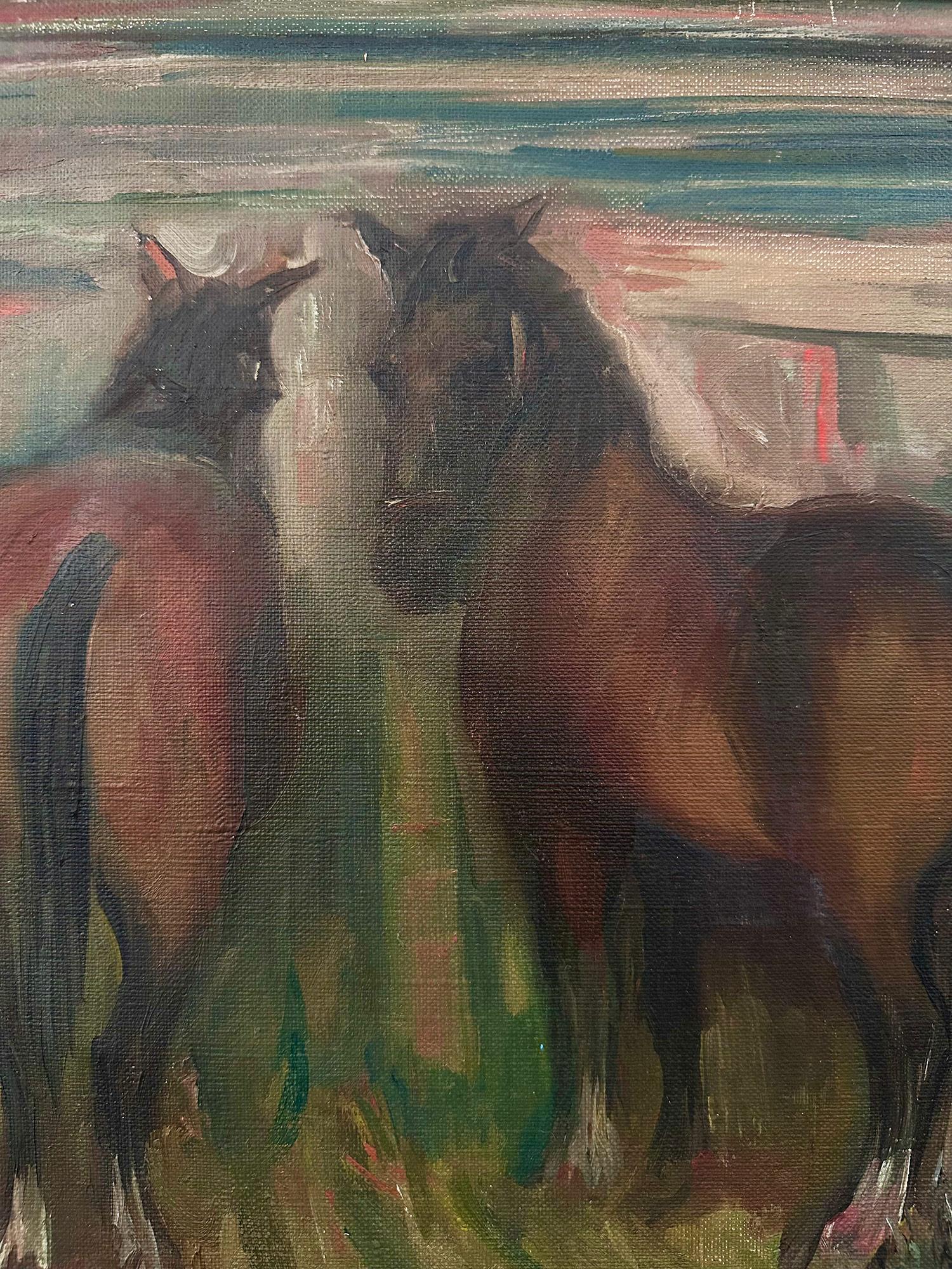 A charming oil painting depicting two brown horses inside of a stable, with details of the wooden structure and the hay on top of the floor. Done in a highly impressionistic manner with unique colors and expressions with the use of bright colors and