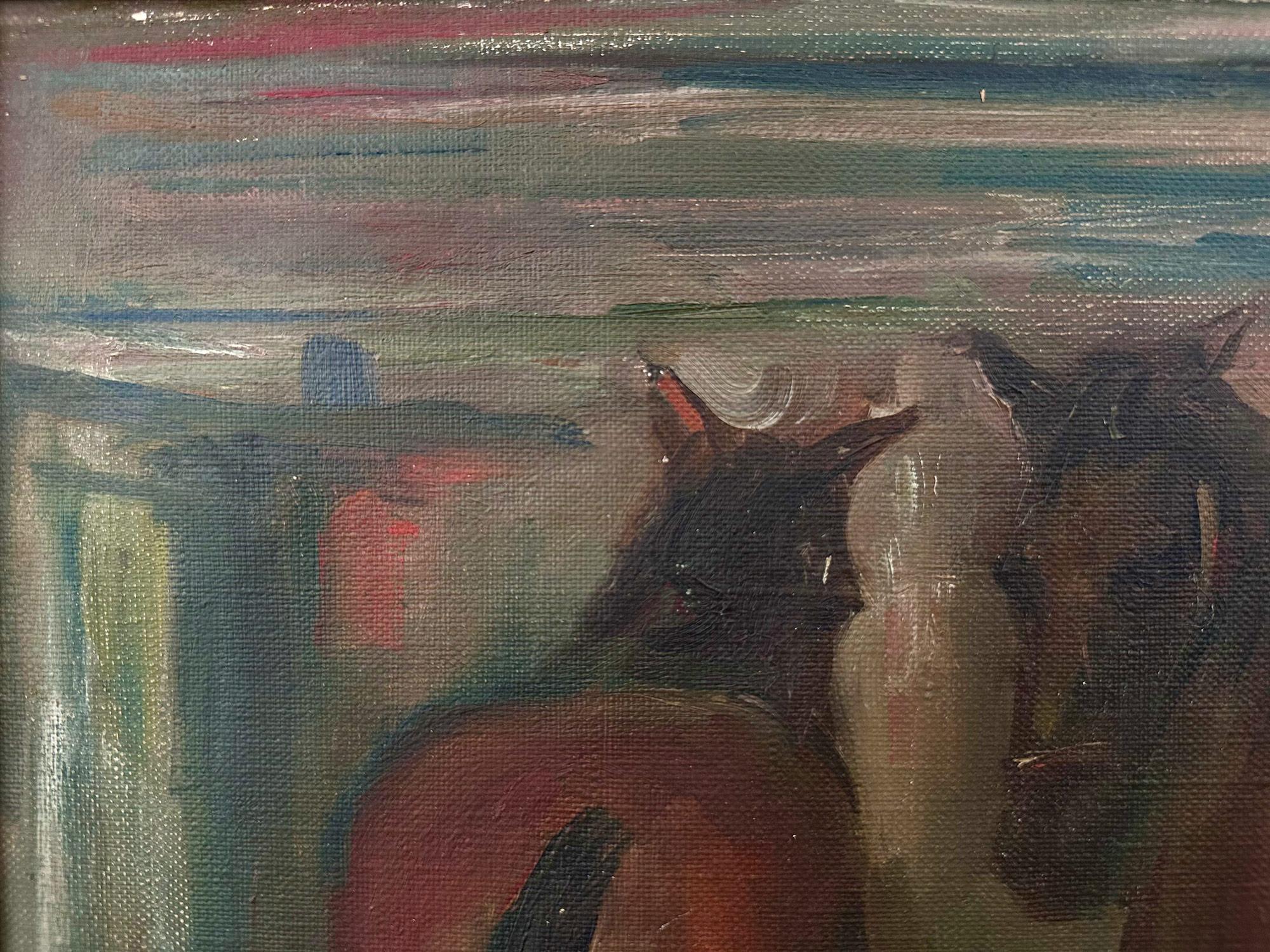 Ein charmantes Ölgemälde, das zwei braune Pferde in einem Stall zeigt, mit Details der Holzstruktur und dem Heu auf dem Boden. In einer sehr impressionistischen Weise mit einzigartigen Farben und Ausdrücken mit der Verwendung von hellen Farben und