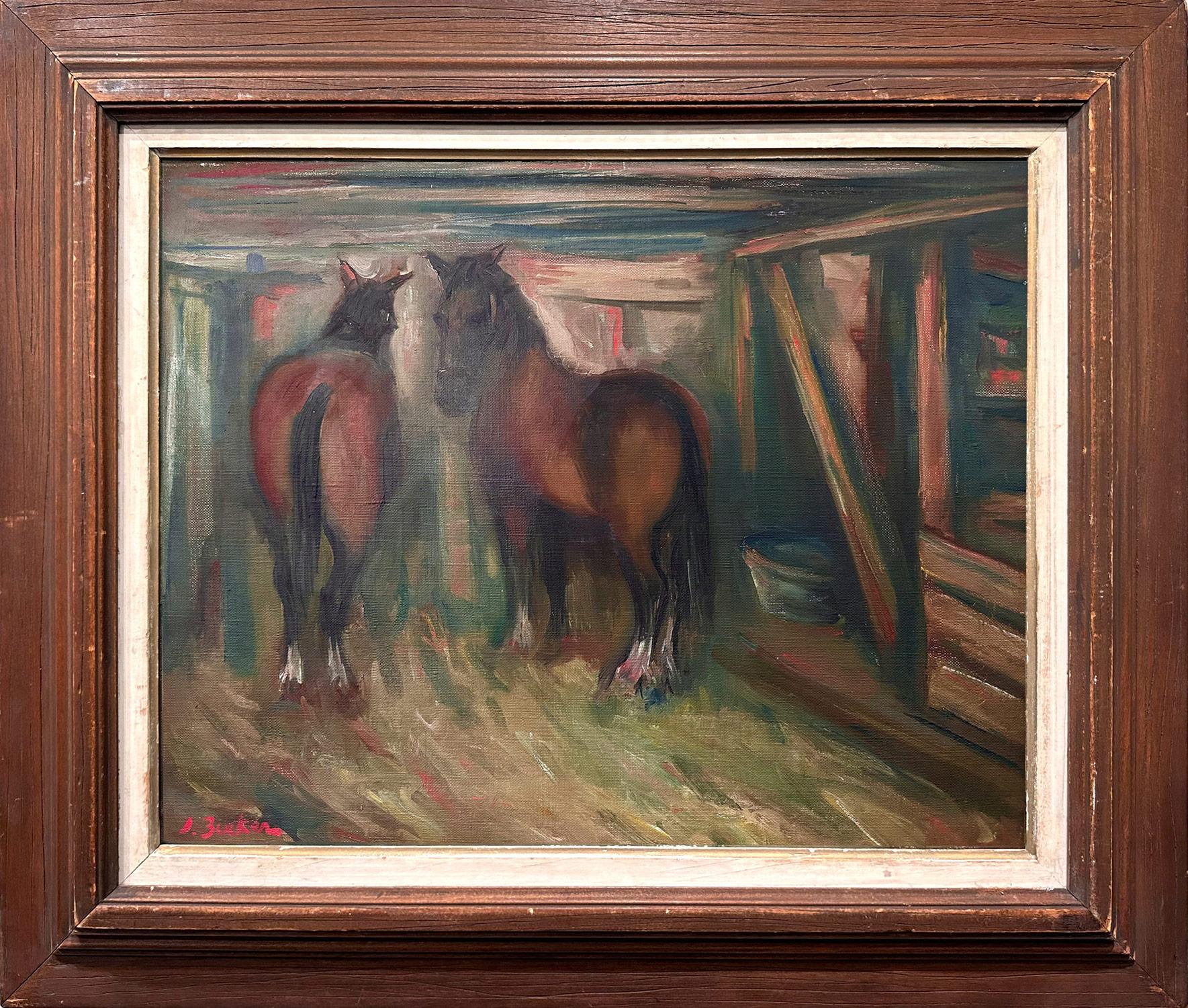 "Horses in Stable" Post-Impressionist Pastoral Interior Oil Painting on Canvas