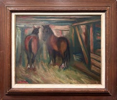 "Horses in Stable" Post-Impressionist Pastoral Interior Oil Painting on Canvas