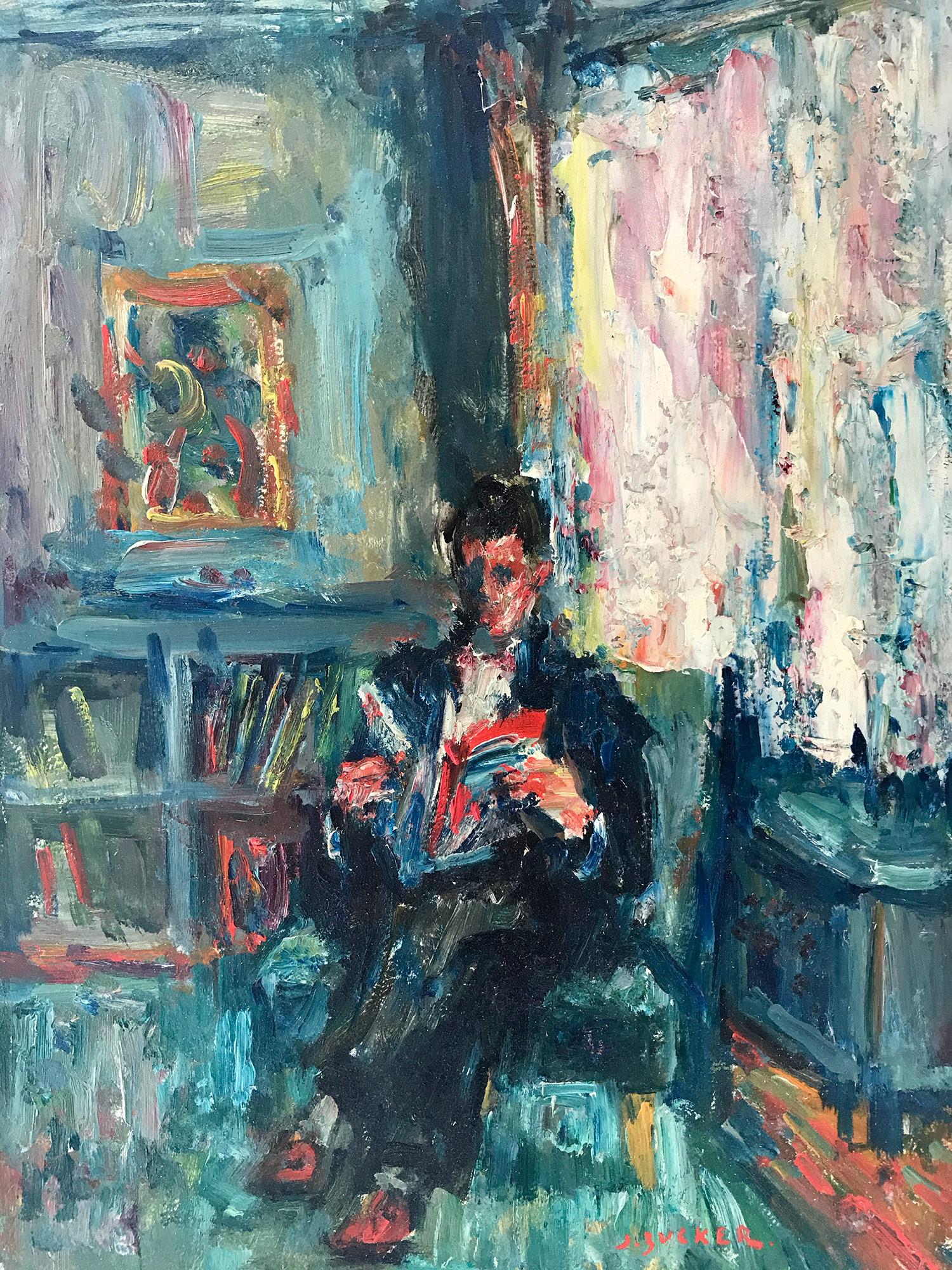 Jacques Zucker Figurative Painting - "In the Library" Post-Impressionism French Oil Painting of Figure Reading