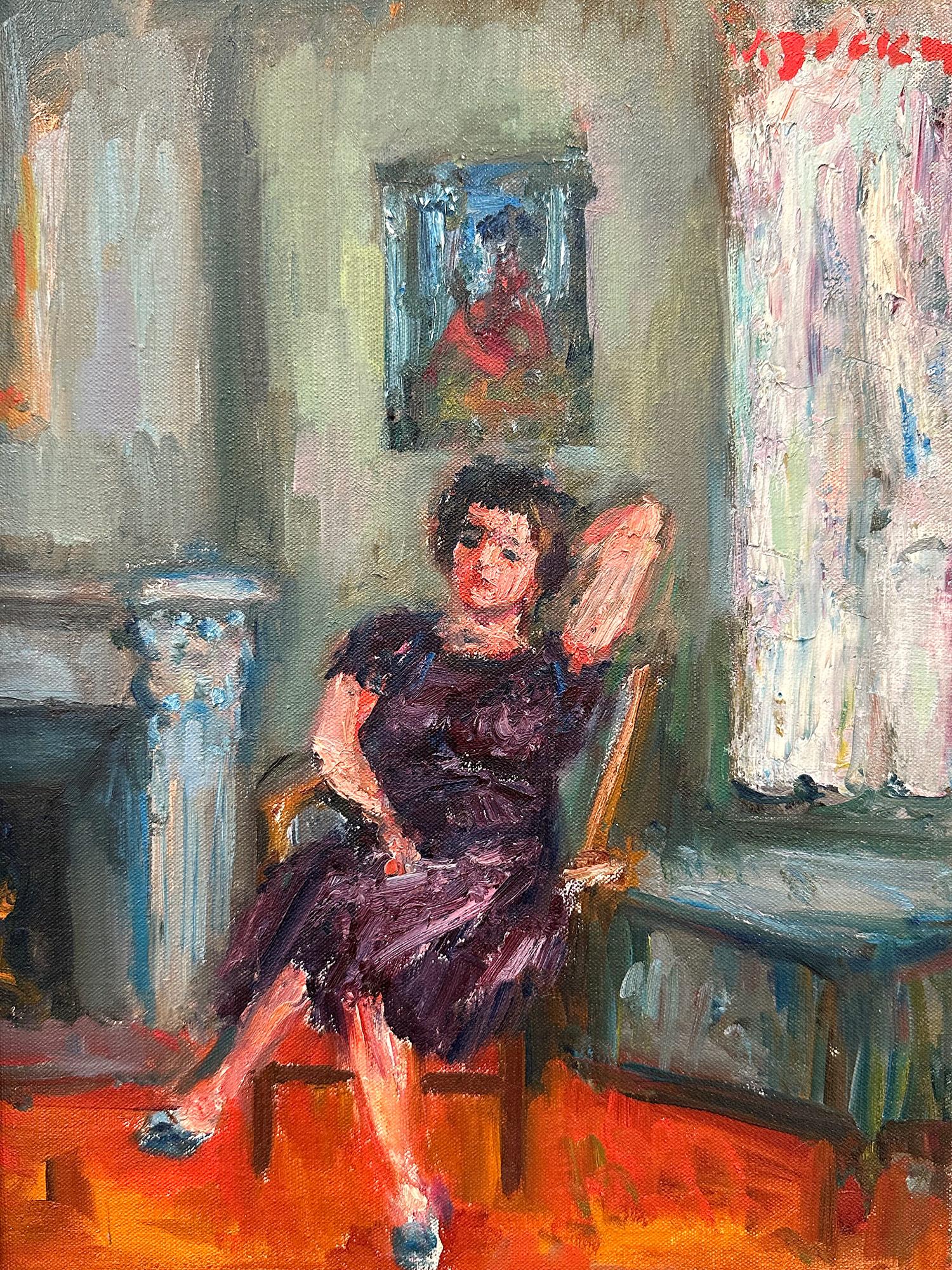 A charming oil painting depicting an interior scene of an elegant woman crossing her legs, reclining on a chair.  She exudes a calmness while we can feel the breeze coming through the curtains of the window. The fireplace and the painting on the