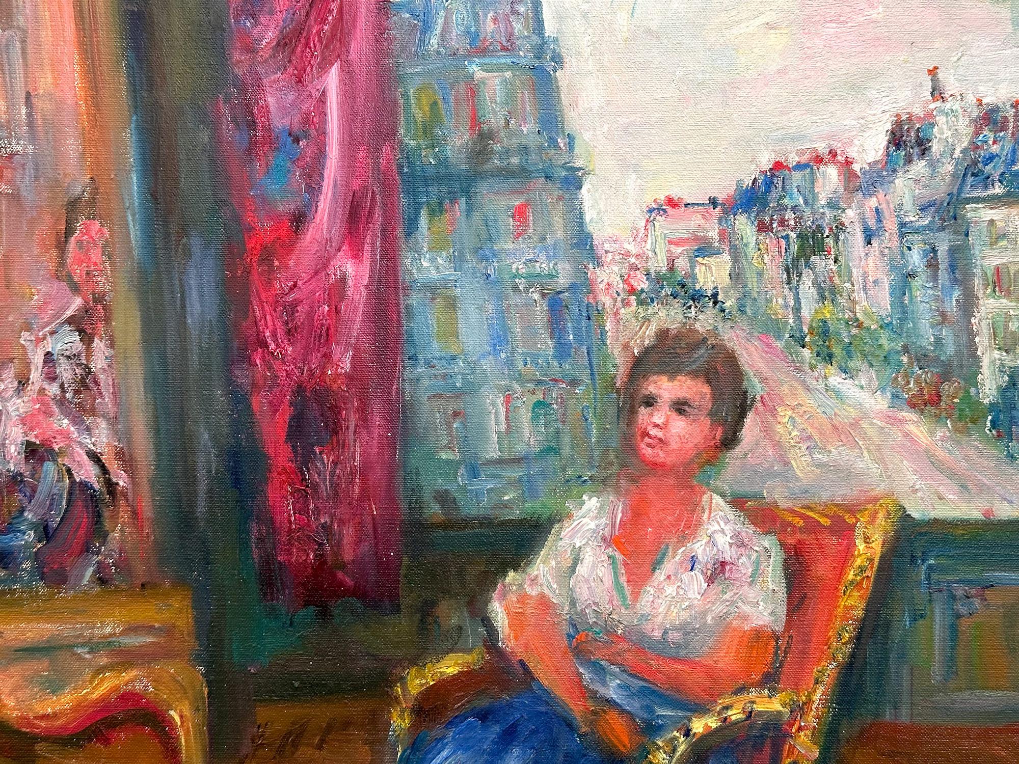 This painting depicts an interior scene of a woman seated at an apartment in Paris with a window that overlooks the city and an iconic church with the artist's reflection in the armoire's mirrors. The fun and colorful details are what makes this