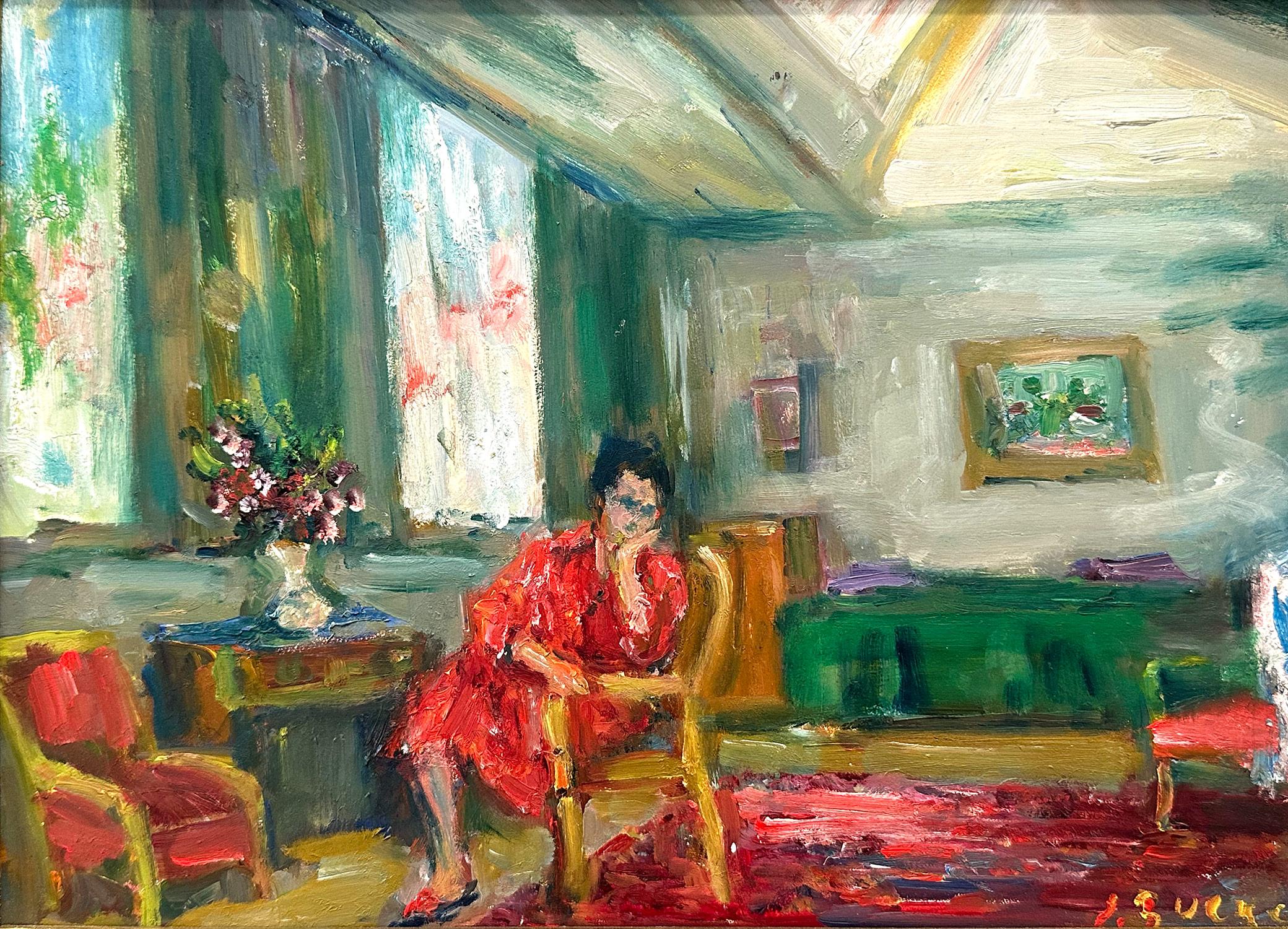 An intimate interior scene of a woman reclining in her living room with a bouquet of flowers on a sunny afternoon. We are charmed by the rich choice of color and intimate details throughout this miniature work. This painting depicts a woman in a red