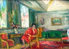 "Scena d'interno con figura e fiori" Pittura ad olio post-impressionista con cornice