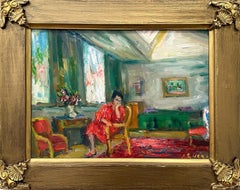 Peinture à l'huile post-impressionniste « Scène d'intérieur avec personnage et fleurs » encadrée