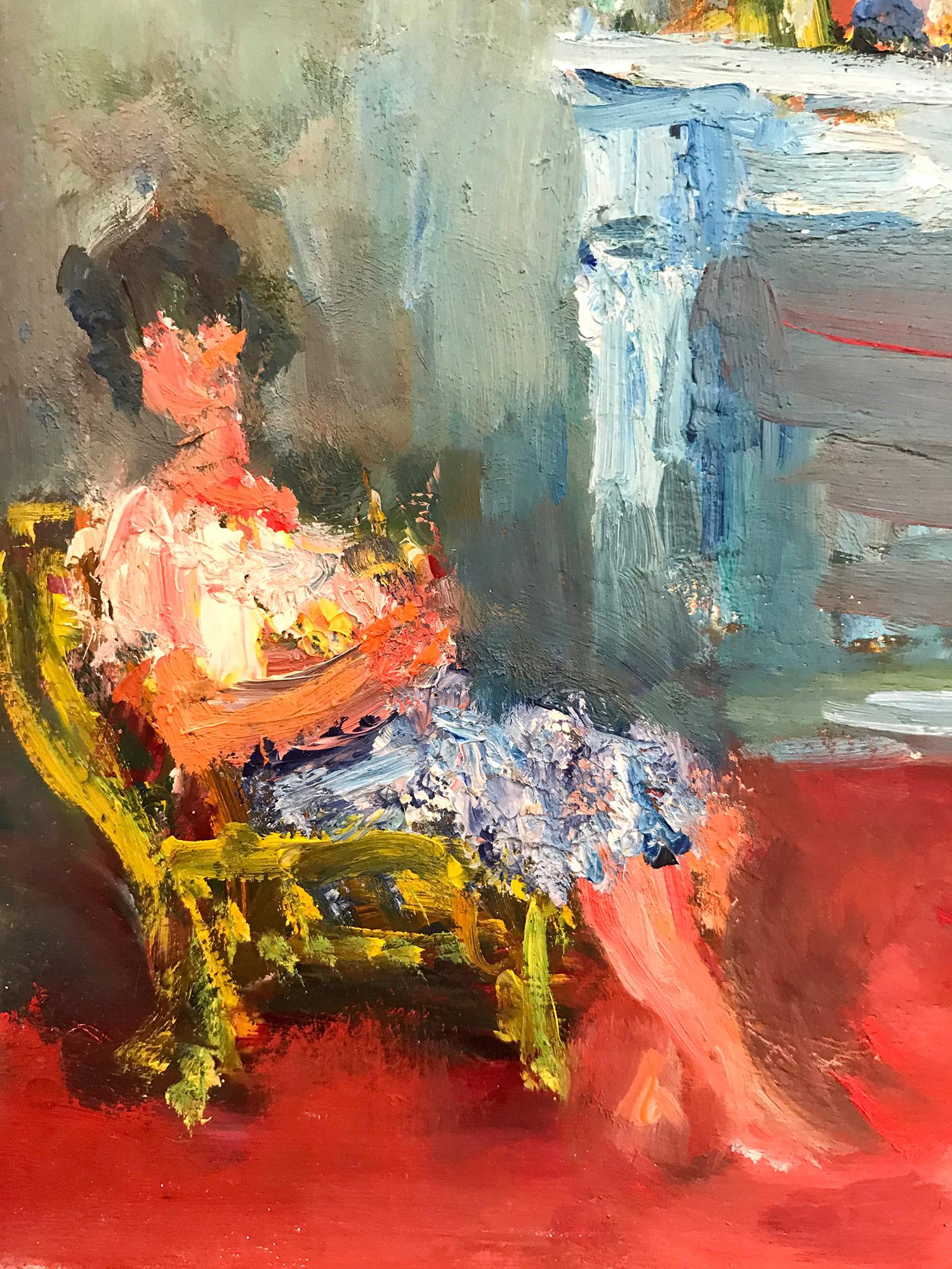 Un piccolo gioiello accogliente, siamo affascinati dalla ricca scelta di colori e dai dettagli intimi di questa opera in miniatura. Questo dipinto raffigura una donna nella sua camera da letto vicino al caminetto con uno specchio situato in alto e