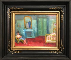 Antique "Interior Scene with Figure and Mantel" Post-Impressionism Oil Painting on Panel