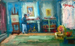 "Interior Scene with Figure, Fire Place & Artist Easel " Oil Painting Framed