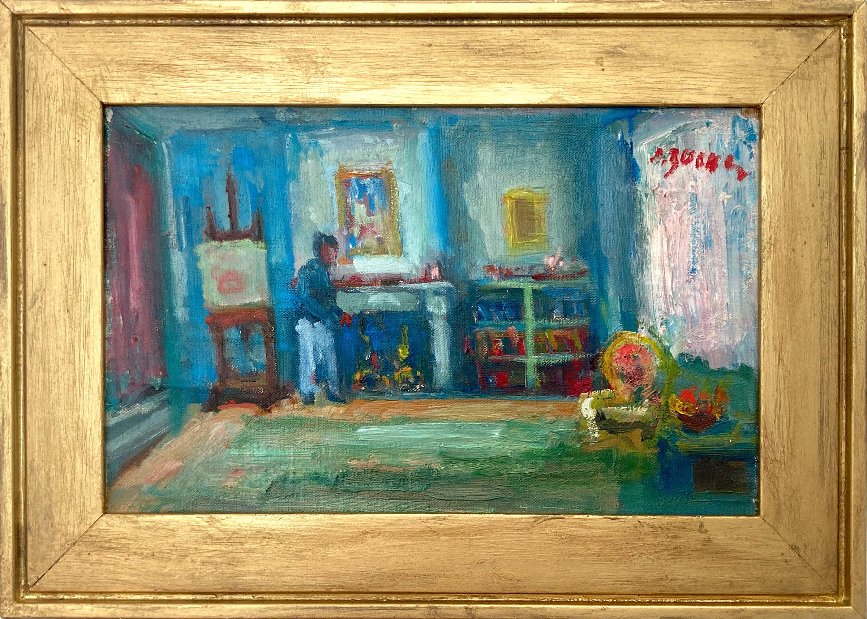 Jacques Zucker Portrait Painting – "Innenszene mit Figur, Kamin und Künstlerpult" Ölgemälde gerahmt