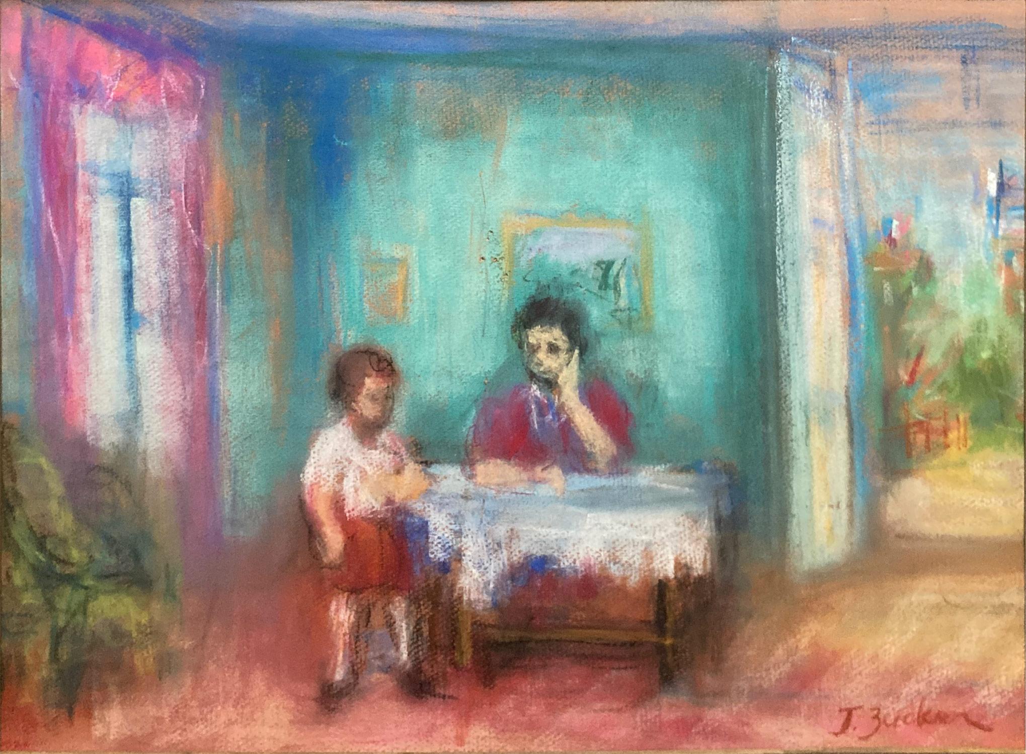 A whimsical interior scene depicting two figures in the living room with an older person and young boy, perhaps Father and son with a door open into the background which shows Parisian streets with a flag of France. The bright colors and quick brush