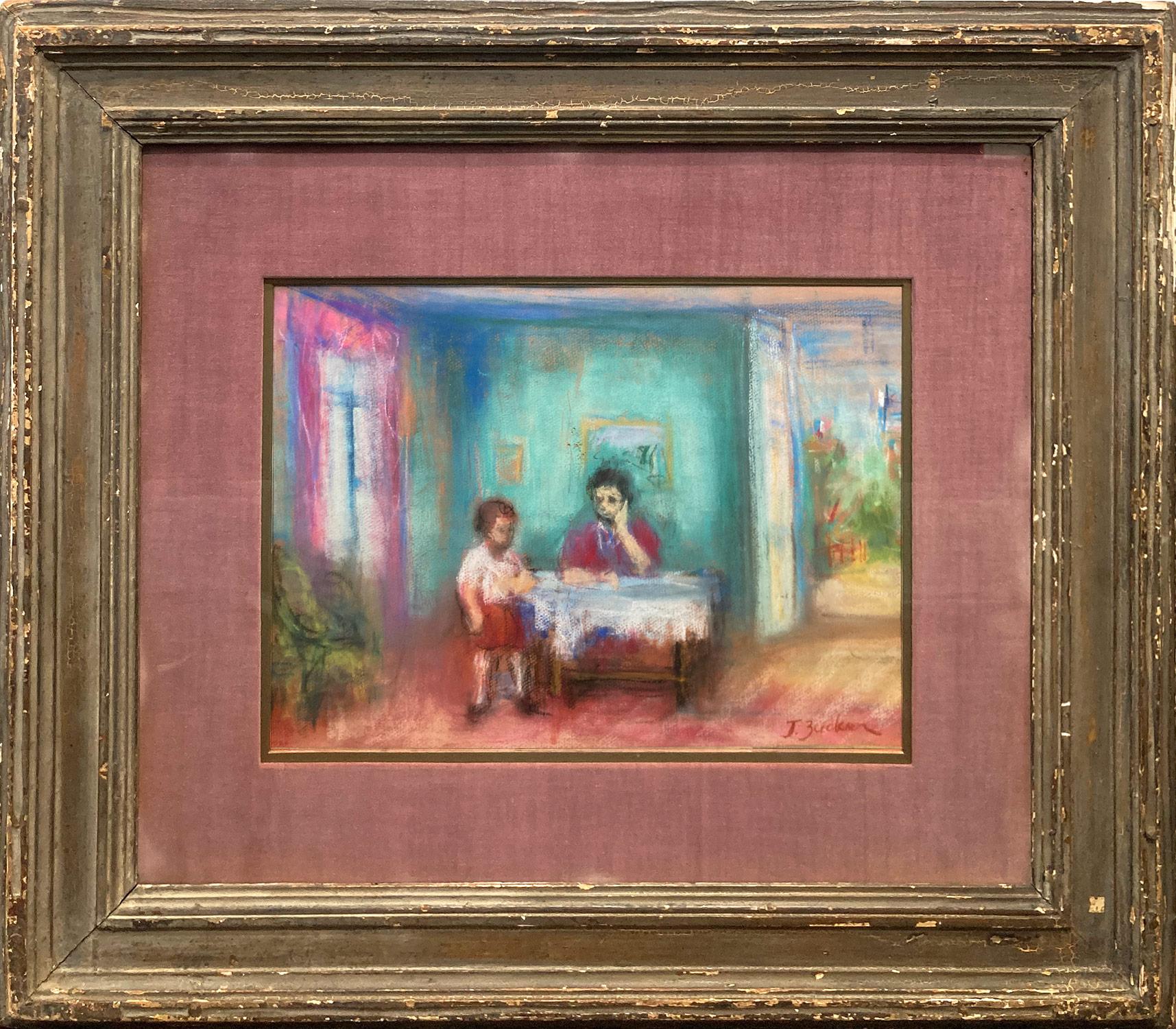 Peinture à l'huile post-impressionniste « Scène d'intérieur avec personnages dans un salon »