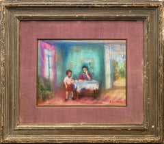 "Interior Scene with Figures in Living Room" Post-Impressionist Oil Painting