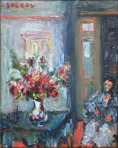 "Scena d'interni con fiori" - Dipinto post-impressionista a olio su tela raffigurante un interno