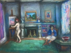 «Escena de interior con figura desnuda», pintura al pastel posimpresionista enmarcada