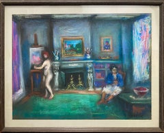 "Interior Scene with Nude Figure" Post-Impressionist Pastel Painting Framed
