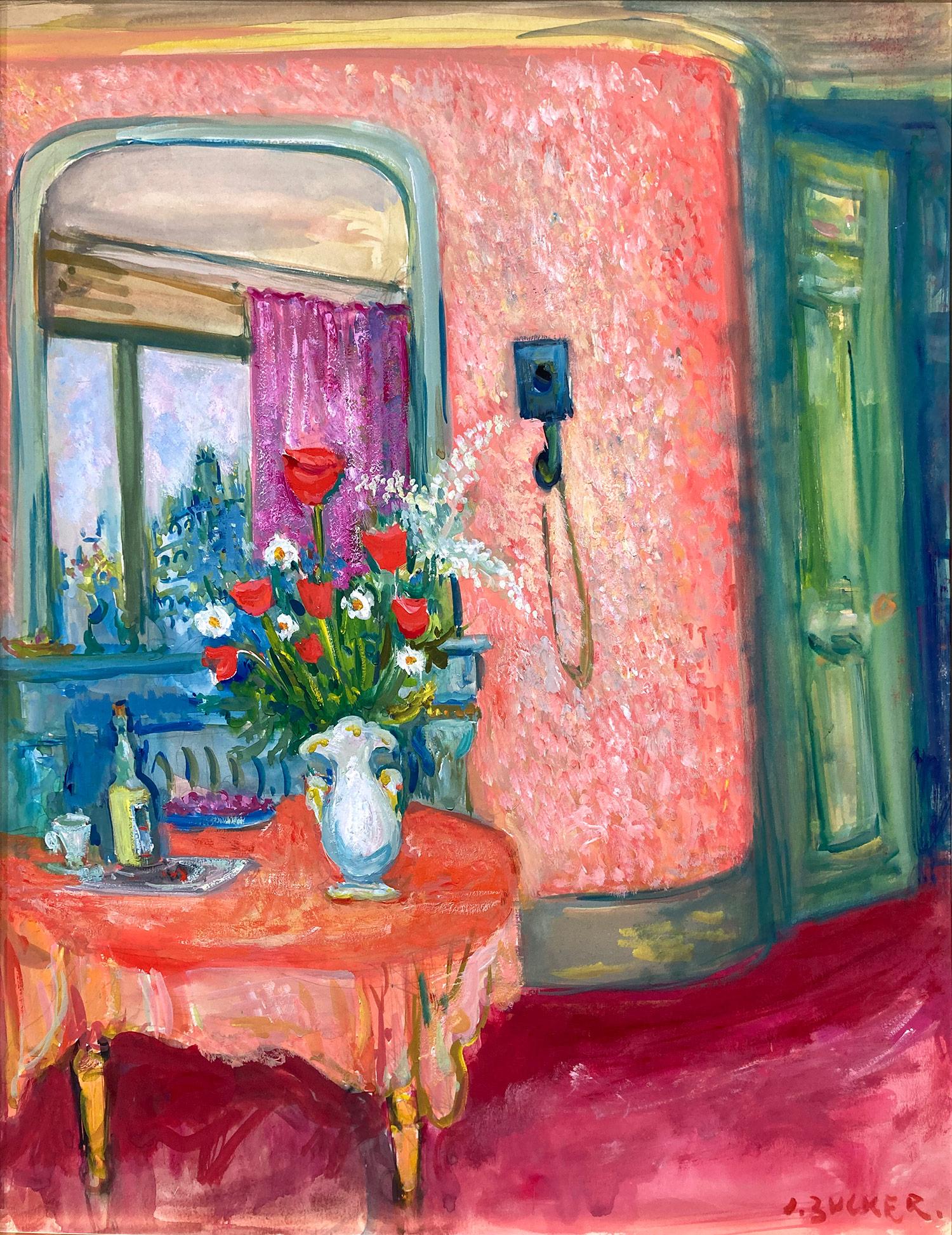 This painting depicts an interior scene done in Paris. The fun details are what make this painting so attractive and desirable; there is a wine bottle and flowers on top of the table and you can feel that someone was just in the room. The telephone