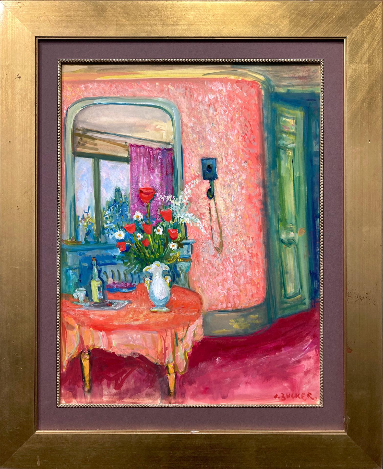 Jacques Zucker Interior Painting - "Interior Scene with Wine & Flowers" Post-Impressionist Oil Painting Framed