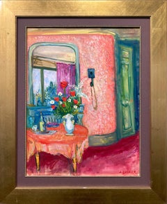 Vintage "Interior Scene with Wine & Flowers" Post-Impressionist Oil Painting Framed