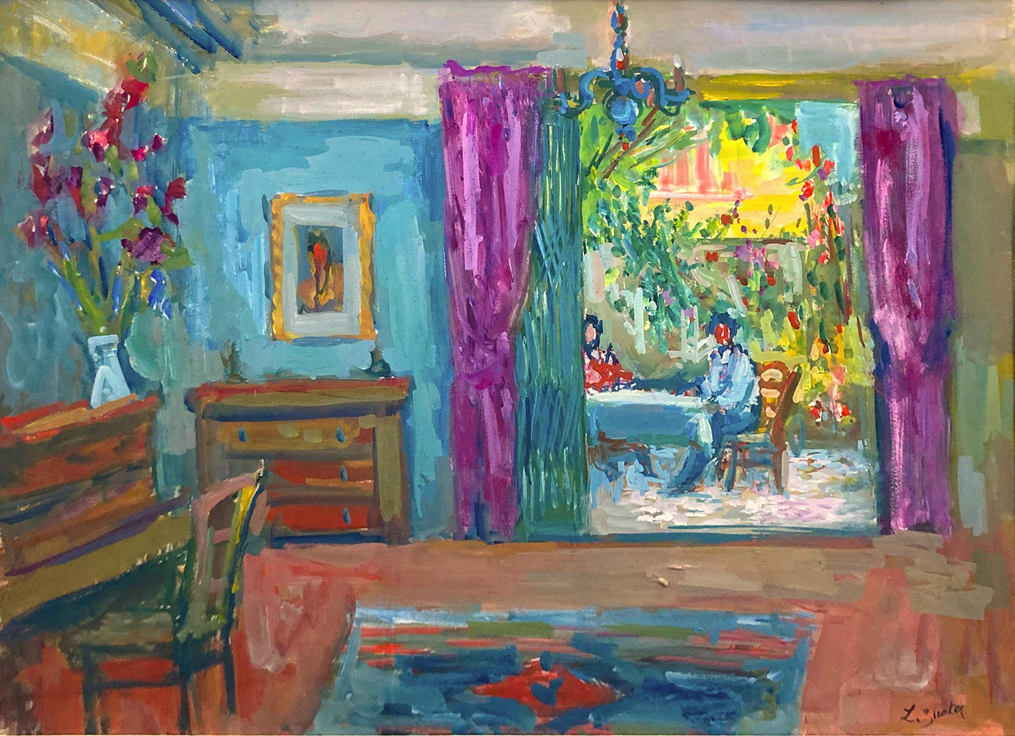 This painting depicts an interior scene done in Paris. The fun details are what make this painting so attractive and desirable; the living room opens out into the terrace, as we are drawn into this intimate moment that the artist creates. The piece