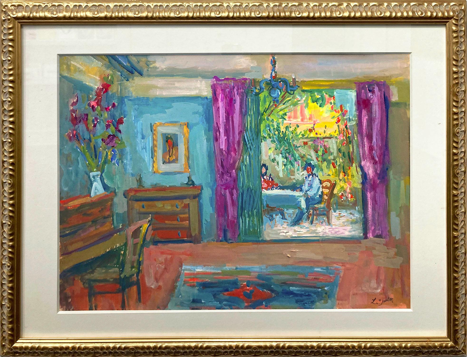 "Vue d'intérieur dans le patio" - Peinture de scène post-impressionniste colorée encadrée